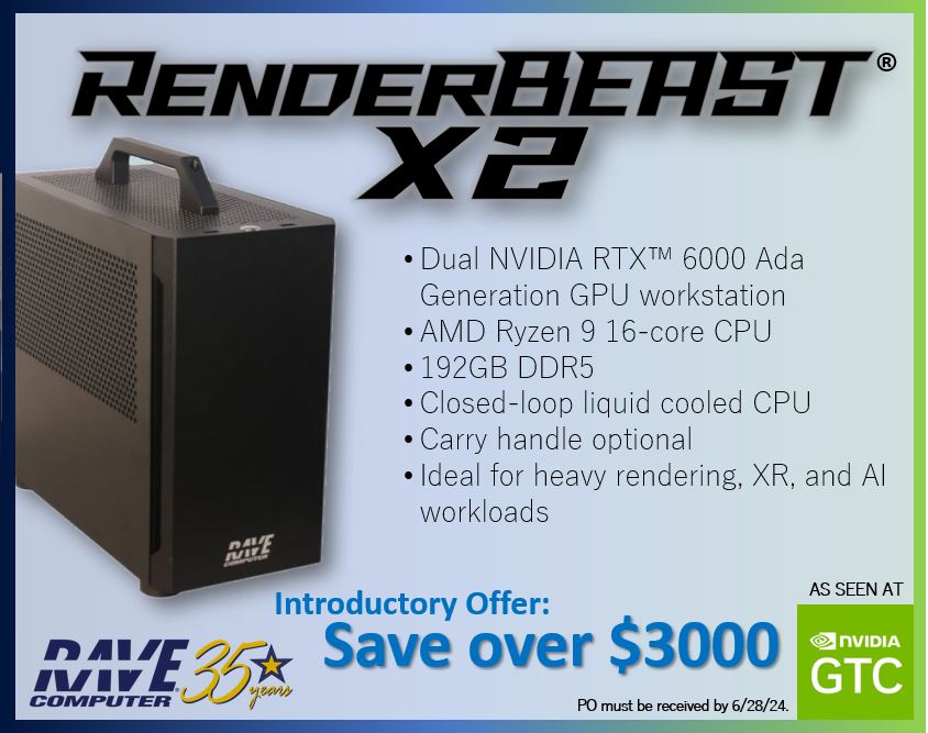 Save over $3000 on RAVE RenderBEAST X2 Dual Ada GPU Workstation for AI, Photogrammetry, Varjo XR-4, NVIDIA Omniverse, Engineering, and other heavy rendering workloads. AMD Ryzen 9 16-core liquid-cooled CPU.