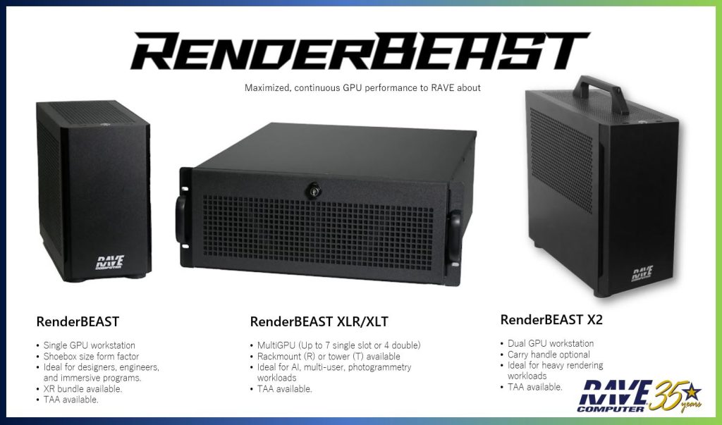 RAVE's RenderBEAST Series of GPU-optimized workstations bring power to heavy rendering workloads, including designing, engineering, XR, AI, photogrammetry, GIS, training and simulation, and immersive programs.